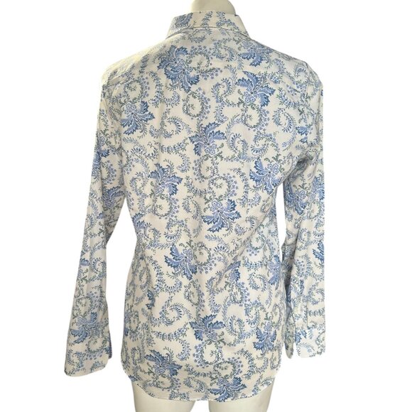 Chaps Black Label Womens M No Iron Blue White Floral Button Shirt Logo Buttons - Picture 8 of 16